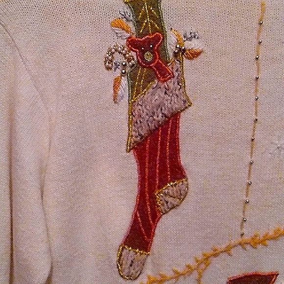 Basic additions holiday medium cream long sleeved Christmas sweater embellished - Picture 2 of 9